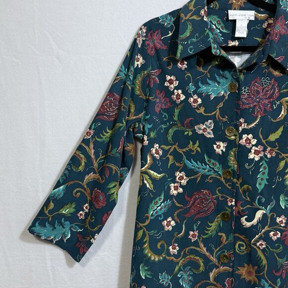 Susan Graver Style Teal Floral 3/4 Sleeve Button Up Shirt Blouse Women's L - Picture 4 of 9